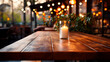 Wood table on blur of cafe. Wooden table made of boards, New Year's Eve, Christmas. Front perspective view. Empty table. Mockup, template, no items on the table. No people. Vibrant illustration