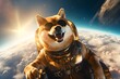 Smiling dogecoin doge flying high with jetpack in futuristic scene --ar 3:2 --s 250