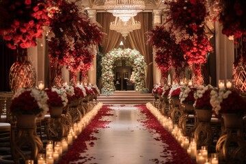 Poster - Aisle lined with floral arrangements leading to an elegantly decorated stage in the marriage hall.