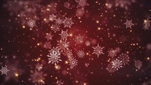 Beautiful Winter Snowflakes, Shiny Golden Stars And Glittering Snow Particles On A Festive Red Background. This Winter Snow, Christmas Motion Background Animation Is A Seamless Loop.