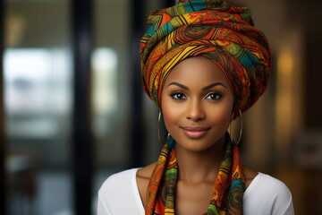 Wall Mural - Portrait of African businesswoman with a colorful traditional shawl on her head, office background. business. Africa