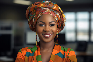 Wall Mural - Portrait of African businesswoman with a colorful traditional shawl on her head, office background. business. Africa