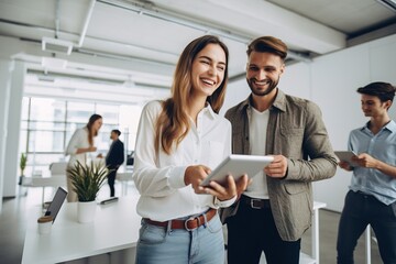 Wall Mural - using a laptop, a man and a woman work together in an online sales office, brokers, stock sellers via the Internet