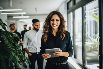 A young woman manager is smiling using a tablet working online, a group of people a team in the office, the company's employees are friendly.