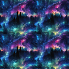 Wall Mural - landscape with purple northern lights at night in the sky with stars with a seamless pattern on the 