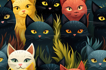Wall Mural - seamless pattern with multicolored cat heads on black background