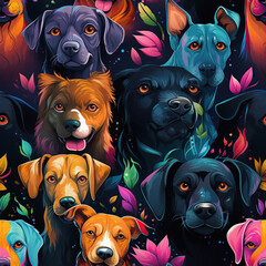 Wall Mural - seamless pattern with multicolored dog faces on bright black modern background for decoration