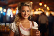 Waitress woman with big glasses mug beer full of beers at Oktoberfest in Munich, Bavaria. one blonde happy german young girl with smiley face. female wear traditional Oktoberfest dress. Generative ai