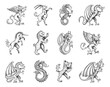 Medieval heraldic animals and monsters, vintage heraldry or tattoo sketch vector creatures. Fantastic mythic animals heraldic icons of eagle griffin, unicorn and dragon, rampant lion, bear and goat