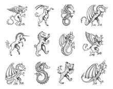 Medieval Heraldic Animals And Monsters, Vintage Heraldry Or Tattoo Sketch Vector Creatures. Fantastic Mythic Animals Heraldic Icons Of Eagle Griffin, Unicorn And Dragon, Rampant Lion, Bear And Goat