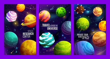 Poster - Cartoon outer space planets posters. Space adventure, galaxy research or astronomy science vector flyer. Universe discovery and travel vertical poster or banner with alien galaxy fantastic planets