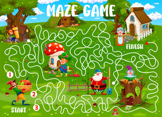 Poster - Kids labyrinth maze in cartoon gnomes fairytale village. Labyrinth quiz, find way vector worksheet kids maze or riddle with fairy gnome or dwarf cute personages and forest fantasy houses dwellings