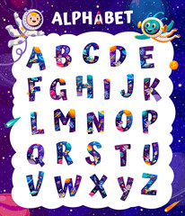 Poster - Cartoon space alphabet, galaxy font, cartoon universe typeface, starry type. Vector typography letters of english alphabet with funny kid astronaut and alien characters, space planets, rockets and UFO