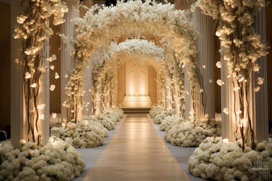 floral aisle leading to an elegant stage.