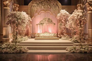 Wall Mural - Grand stage adorned with beautiful backdrops and floral arrangements in a lavish wedding hall.