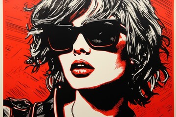 A red and black poster with a woman wearing sunglasses, AI