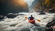 Adventurous kayaking in mountain river rapids - whitewater challenge, thrilling water sport