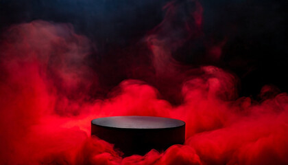 Thick red smoke floating around the black circle podium