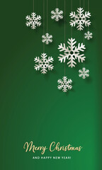 Wall Mural - Christmas card vector green flat design template with paper snowflakes	