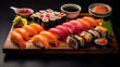 nigiri sushi and sashimi, artistically presented on a wooden tray on a dark table