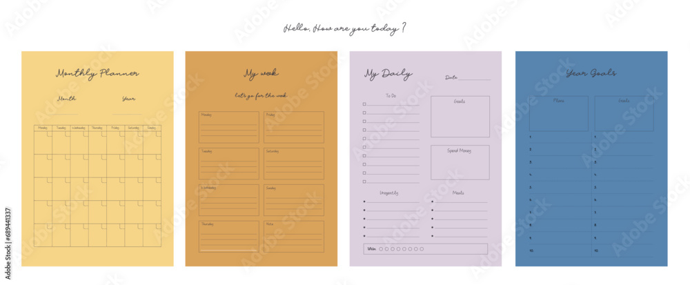 4 set of Daily week monthly year planner. Vector illustration. Stock ...