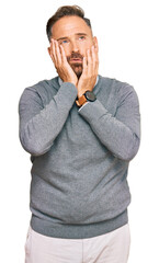 Poster - Handsome middle age man wearing business clothes tired hands covering face, depression and sadness, upset and irritated for problem