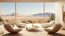 Spacious Veranda Views: Elegant Lounge Chairs, Potted Plants, And A Serene Overlook Nevada Desert Mock Up