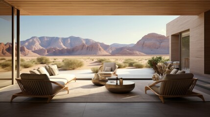 Spacious Veranda Views: Elegant Lounge Chairs, Potted Plants, and a Serene Overlook Nevada desert Mock Up