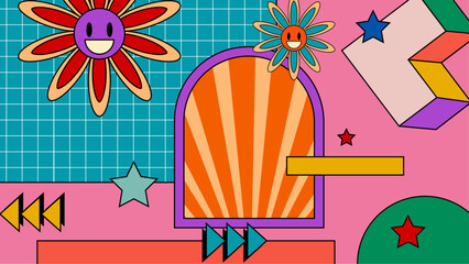 Wall Mural - Colorful colourful vector flat nostalgic retro style background Retro groovy hippy trippy 70s vintage funky 1970s cartoon background
