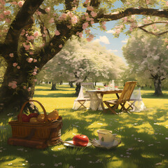 Wall Mural - A peaceful picnic scene under the shade of a cherry tree