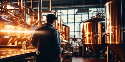 Wall Mural - A skilled engineer tests brewing equipment in a modern brewery, blending tradition and technology to craft precise and flavorful beers. Generative AI.