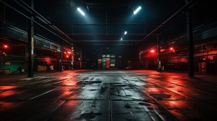 Empty warehouse with red lights in the night, toned image.