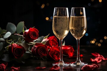 Wall Mural - Champagne in the romantic atmosphere of lovers. Background with selective focus and copy space