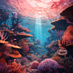 Poster - A surreal underwater scene with vibrant coral reefs.