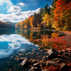 Wall Mural - A tranquil lake surrounded by the vibrant colors of autumn