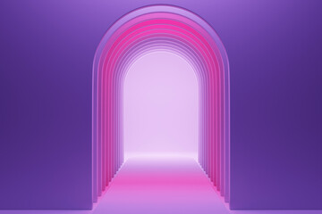 Poster - 3D rendering. Beautiful geometric arch, gate, portal. Abstract geometric arch. Round hole, entrance to the wall with a purple  screen.