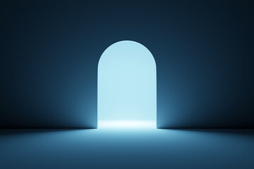 Poster - 3D rendering. Beautiful geometric arch, gate, portal. Abstract geometric arch. Round hole, entrance to the wall with a blue screen.