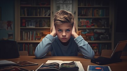 Wall Mural - A boy sits at a study table in a room filled with books, holding his head in frustration, with a laptop and open books in front of him, hard to study focus