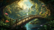 A Captivating Digital Illustration Portraying A Wooden Bridge In A Fantasy Landscape, Surrounded By Mystical Flora And Fauna, The Scene Bathed In Magical Light