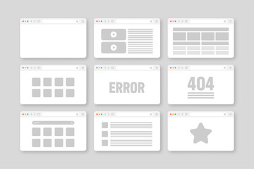 Fototapete - Web browser window, pages layout with toolbar and search field. Modern website, internet page in flat style. Browser mockup for computer, tablet and smartphone. Adaptive UI. Vector illustration