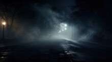 A Moody Night Scene With A Vintage Street Lamp Glowing Softly Amidst Swirling Fog, With A Row Of Streetlights Vanishing Into The Misty Darkness.