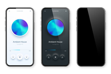 Wall Mural - Online audio player user interface, smartphone app UI design. Music, media streaming and listening platform. Responsive mobile application. Neumorphism, neumorphic style. Vector illustration.