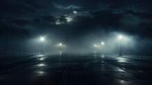 An Empty Parking Lot, Or Street, Bathed In Fog Under A Night Sky, The Eerie Quiet Pierced Only By The Bright Beams Of Street Lamps And A Faint Moon Peeking Through The Clouds.
