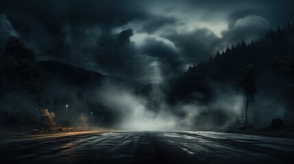 A dark and moody road surrounded by misty forests under stormy clouds, the scene illuminated by sporadic street lights, creating a mysterious and dramatic atmosphere.