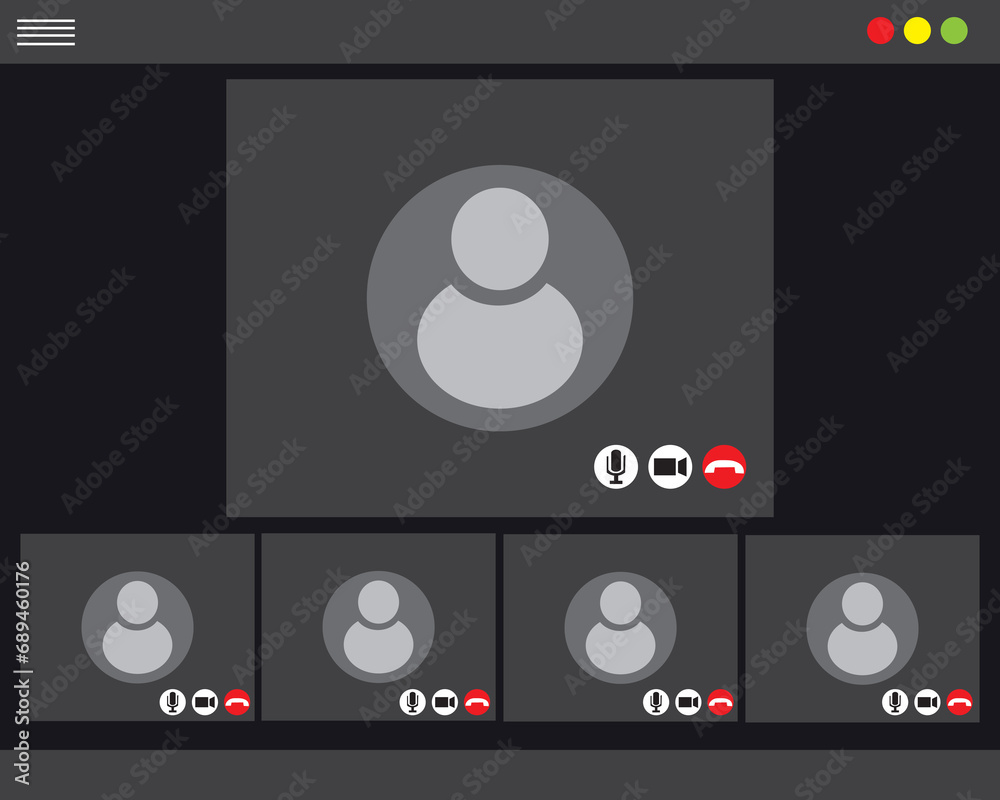 Videocall interface, call video screen and conference chat of phone app, vector UI template. Web video call on mobile phone or computer display with buttons and team online webinar window frames
