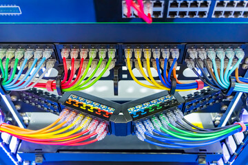 Wall Mural - Network panel, switch and colorful cable in data center