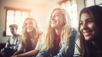 Group of happy students sitting in classroom and laughing. Focus on girl