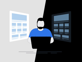 Poster - Dark and light theme switch mode for website and app concept. Change web color scheme from light to dark mode. Vector illustration isolated on dark and white background with icons