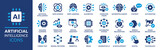 Fototapeta  - Artificial intelligence icon set. Containing machine learning, data science, AI, virtual assistant, generative AI, technology, Turing test and more. Solid vector icons collection.
