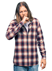 Sticker - Handsome caucasian man with long hair wearing hipster shirt feeling unwell and coughing as symptom for cold or bronchitis. health care concept.